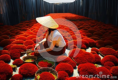 A female worker bundling incenses in the factory in Vietnam Stock Photo