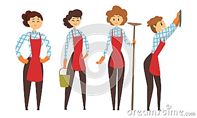 Female Worker of Cleaning Service in Apron with Different Tools Collection, Housewife Doing Everyday Domestic Routine Vector Illustration