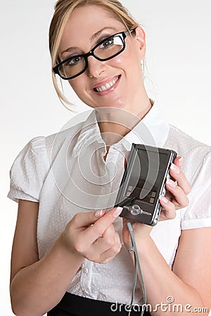 Female worker demonstrating electronic organiser Stock Photo