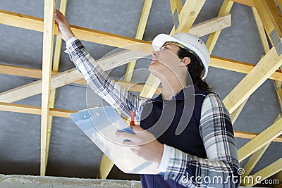 female worker inspecting wooden timbers Stock Photo