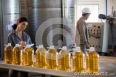 Female worker maintaining record while technician operating machine Stock Photo