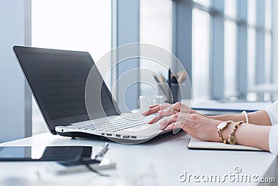 Female worker using laptop in office, working with new project. Woman blogging at home as a freelancer. Stock Photo