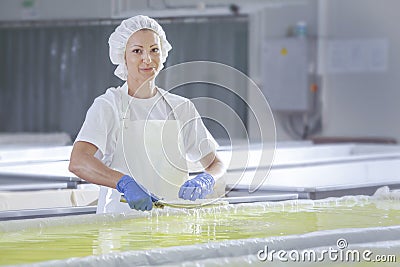 Female worker on white feta cheese production line in an industrial factory Stock Photo