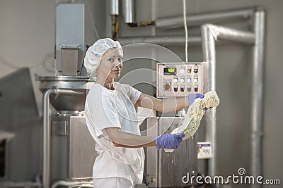 Female worker on yellow cheese production line in an industrial Stock Photo