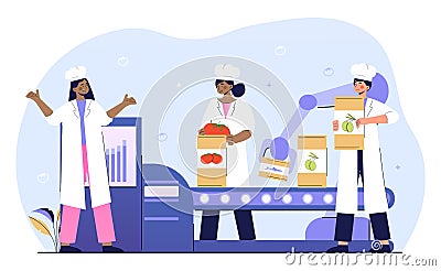 Female workers putting fresh vegetables and greens on conveyor belt Vector Illustration