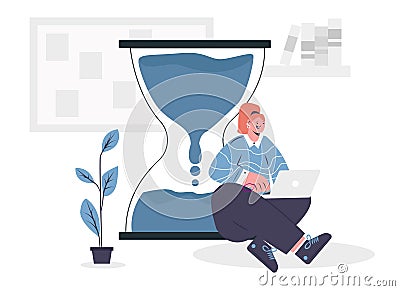 Female working on laptop and sitting near hourglass Vector Illustration