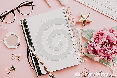 Female workspace with laptop, pink hydrangea, golden accessories, pink diary on pink background Stock Photo