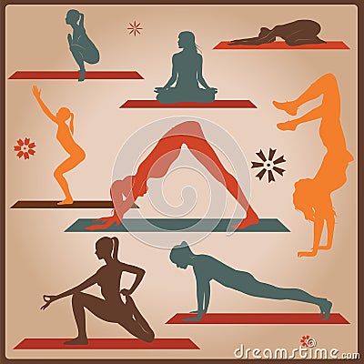 Female yoga asana silhouettes Vector Illustration