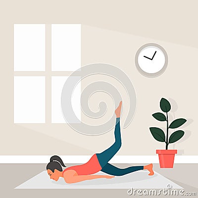 Female Yoga in Flat Style. Vector Illustration of Beautiful Cartoon Woman in Salabhasana Pose of Yoga. Home Sports Vector Illustration