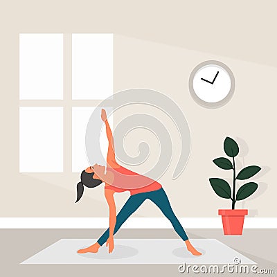 Female Yoga in Flat Style. Vector Illustration of Beautiful Cartoon Woman in Trikonasana Pose of Yoga. Home Sports Vector Illustration