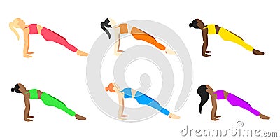Female yoga poses (european, african, asian) set in cartoon flat style. LGBT colors Vector Illustration