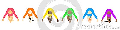 Female yoga poses (European, African, Asian) set in cartoon flat style Vector Illustration