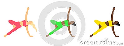 Female yoga poses (european, african, asian) set in cartoon flat style Vector Illustration