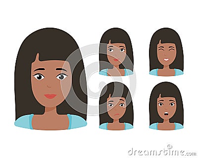 Brunette girl with happy, angry, unhappy, laughing, scared, wow, fun emotions. Vector Illustration Vector Illustration