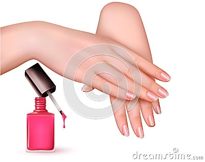 Female young hands with a pink nail polish bottle. Vector Illustration