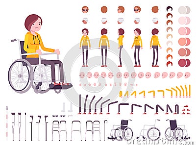 Female young wheelchair user character creation set Vector Illustration