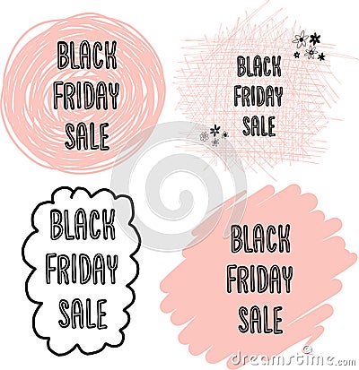 Feminine Black Friday Sales Banner Set Vector. Handwritten typography on dots, circles, scribbles in pink for Vector Illustration