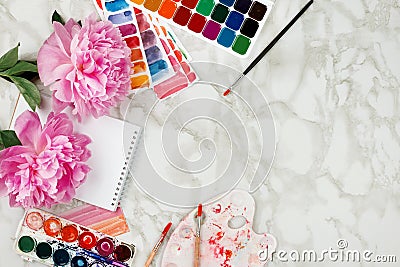 Feminine business mockup with pink peonies, watercolors Stock Photo