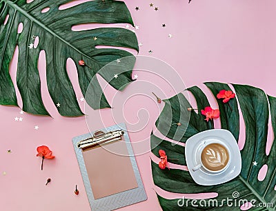 Feminine creative design workspace. Coffee, tropical Stock Photo