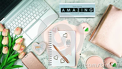 Feminine desk with modern touch screen laptop and rose gold accessories Stock Photo