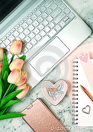 Feminine desk with modern touch screen laptop and rose gold accessories Stock Photo