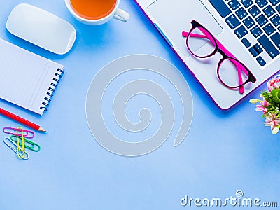 Feminine desk workspace with office accessories Editorial Stock Photo