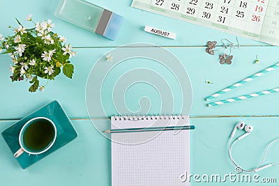 Feminine flat lay on blue background Stock Photo