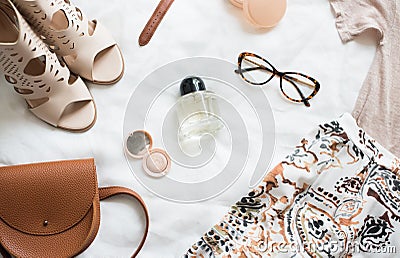 Feminine flat lay, fashion bloggers beauty objects Stock Photo