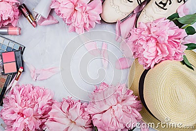 Feminine flatlay mockup with hat, pink peonies, cosmetics and white brogue shoes Stock Photo