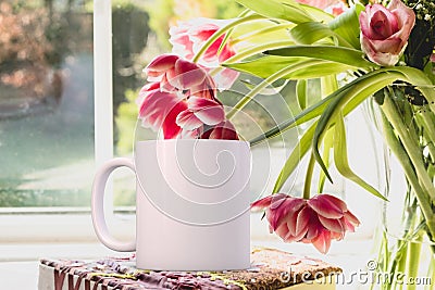 Feminine floral White blank coffee Mug Mockup. P Stock Photo