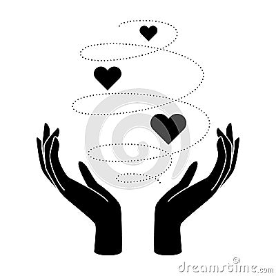 Feminine hands with hearts as symbol of love, beauty, care, magic, meditation, charity, faith, hope. Vector Illustration