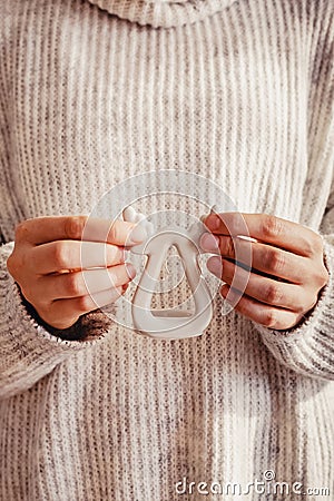 Feminine hands holding a deer shaped candlestick close-up. Stock Photo