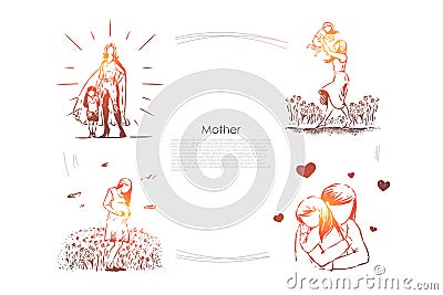 Feminine happiness, super mom with daughter, parent playing with kid outdoor, hugging, pregnancy, maternity banner Vector Illustration
