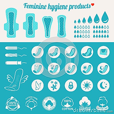 Feminine hygiene products blue color pads and tampons icon set Vector Illustration