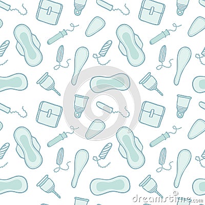 Feminine hygiene products sketch. Seamless pattern with hand-drawn cartoon icons - pads, tampons, menstrual cups. Vector Vector Illustration