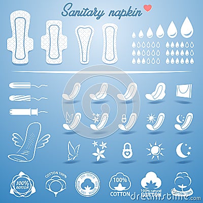 Feminine hygiene products white napkins, pads and tampons icon set Vector Illustration