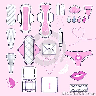 Feminine hygiene - sanitary napkins, pantyliners and tampons icon set. Vector Illustration