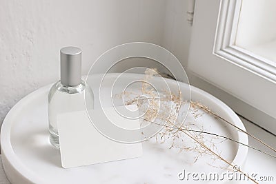 Feminine lifestyle cosmetic still life scene. Glass bottle, flacon with perfume or eau de toilette and dry grass on Stock Photo