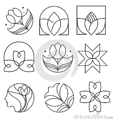 Feminine logos collection,flower logo hand drawn modern and floral for badge templates for branding, identity, boutique, salon, be Vector Illustration