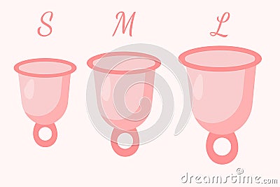 Feminine menstruation cup set. Different sizes of cups S, M, L. Womans menstrual care. Illustration of intimate hygiene products Vector Illustration