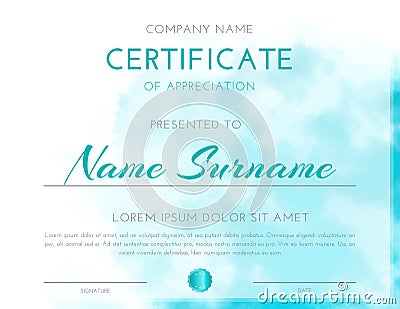 Feminine Modern Certificate Design in Fresh Light Turquoise Color Stock Photo