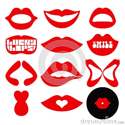 Feminine mouth, red lips set. Vector Illustration