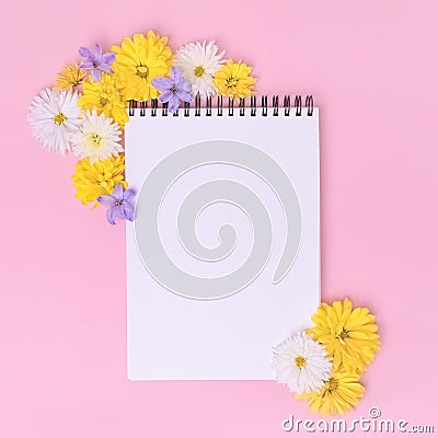 Feminine office workspace. Notebook with copyspace. Stock Photo