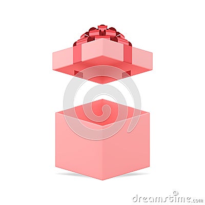 Feminine pink birthday open squared gift box with red bow ribbon realistic 3d template vector Vector Illustration