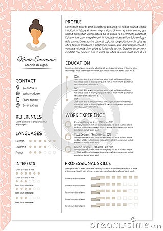 Feminine resume with infographic design. Stylish CV set for wome Stock Photo