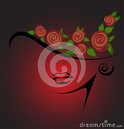 Feminine silhouette in a hat with red roses Vector Illustration