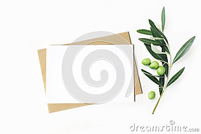 Feminine stationery, desktop mock-up scene. Blank horizontal greeting card and craft envelope with olive branch.White Stock Photo
