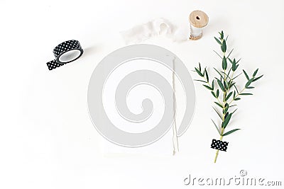 Feminine stationery, wedding desktop mock-up scene. Blank greeting card, envelope,black washi tape, silk ribbon and Stock Photo