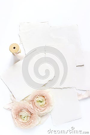 Feminine wedding, birthday desktop mock-up scene. Blank craft paper greeting cards, silk ribbon and blush pink Persian Stock Photo