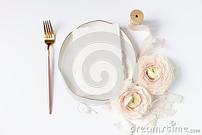 Feminine wedding, birthday desktop mock-up scene. Porcelain plate, blank craft paper card, silk ribbon, blush pink Stock Photo